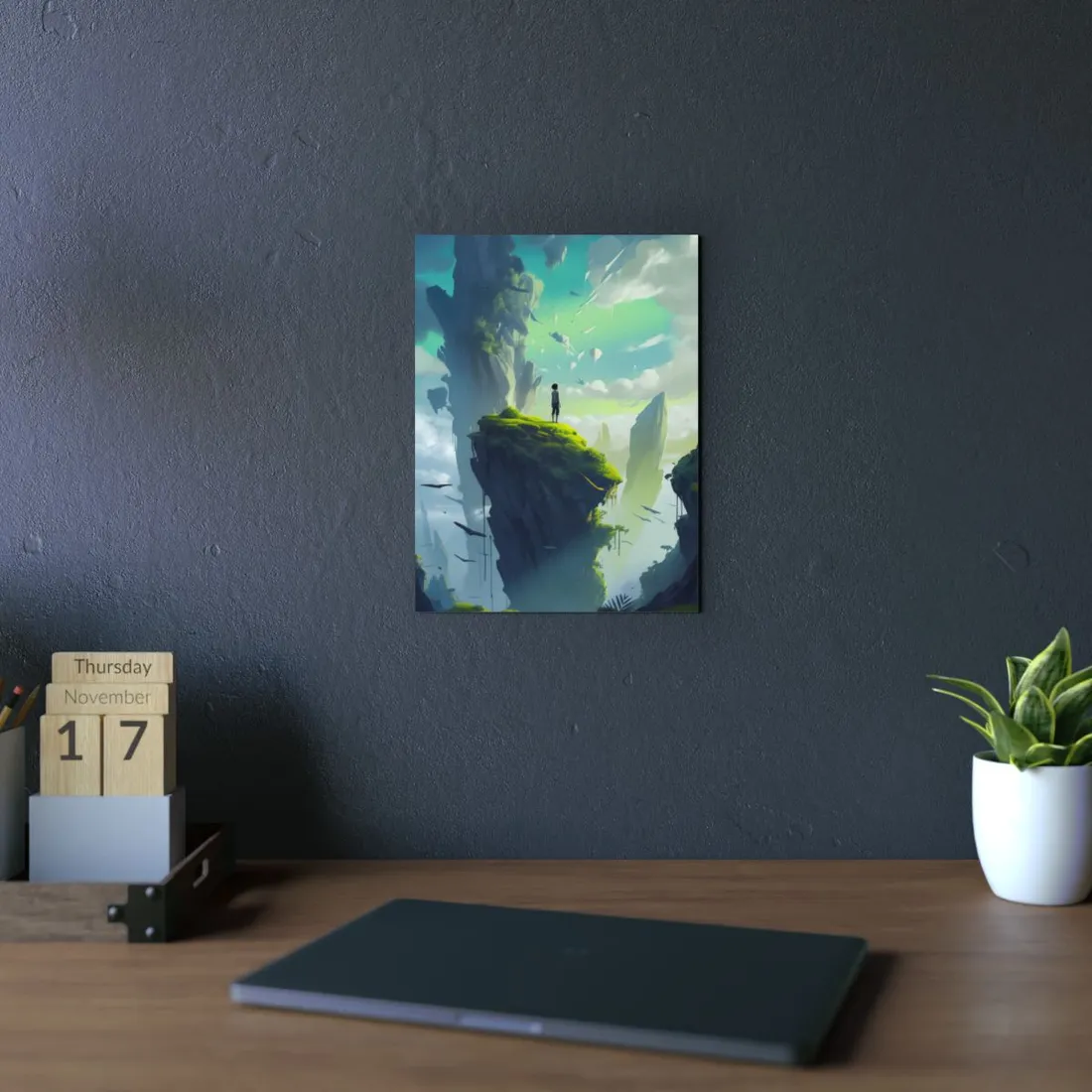 Peaceful Outdoor Moment: Kids in Meadow on Cloudy Hill - Metal Poster