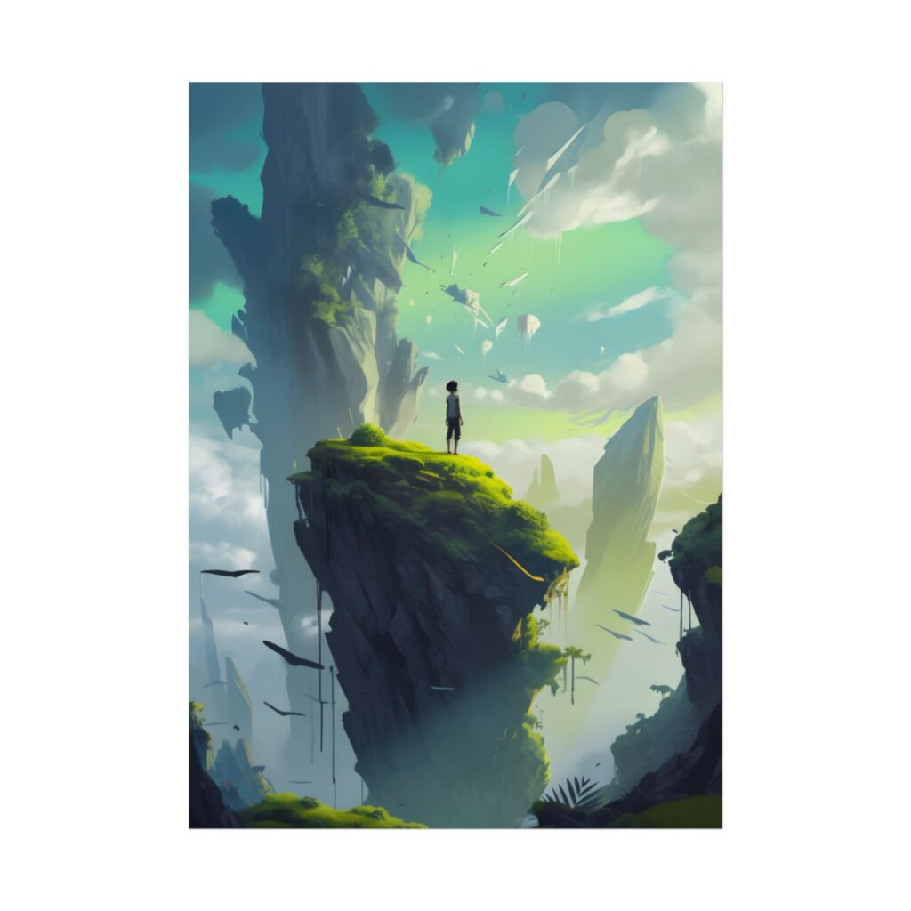 Peaceful Outdoor Moment: Kids in Meadow on Cloudy Hill - Poster