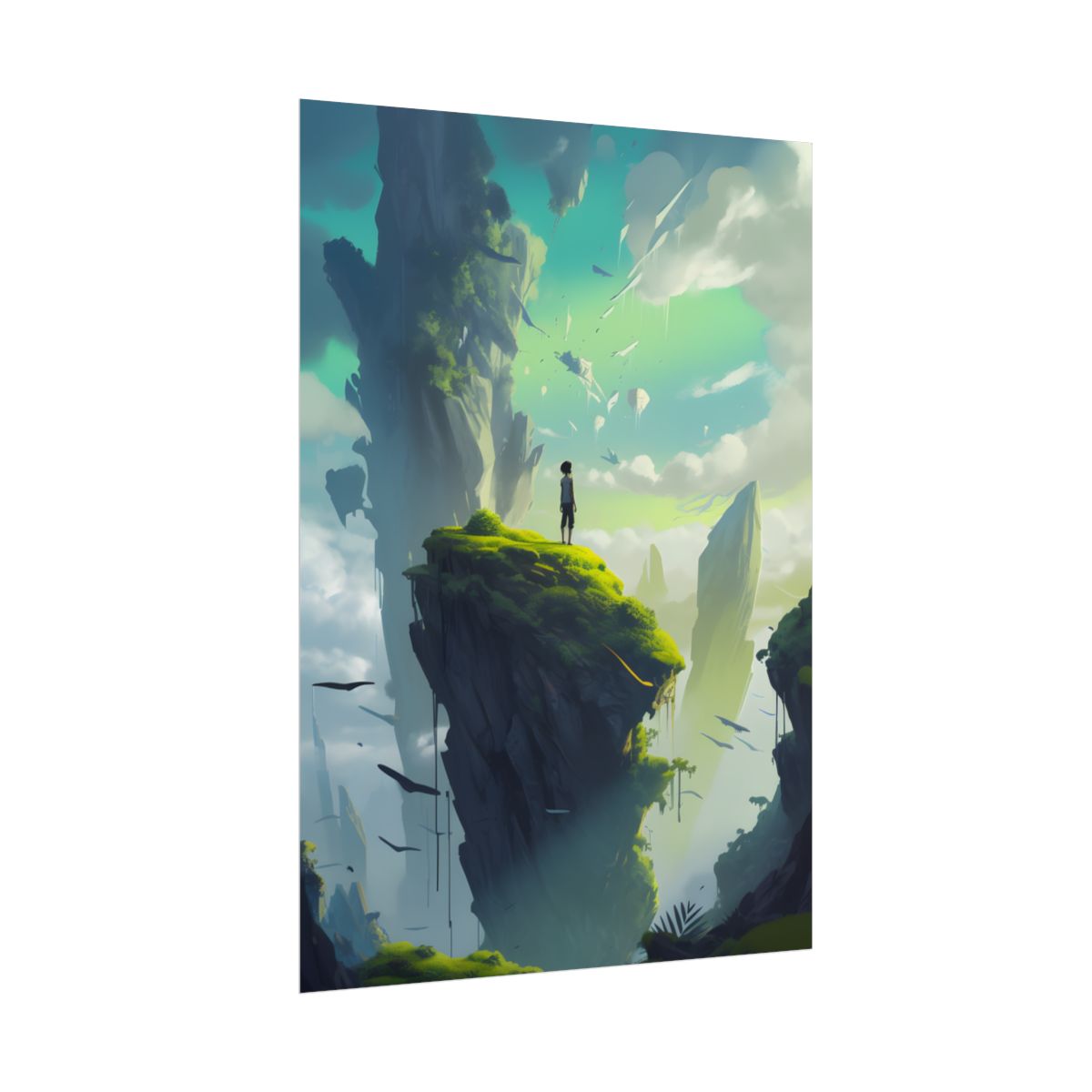 Peaceful Outdoor Moment: Kids in Meadow on Cloudy Hill - Poster
