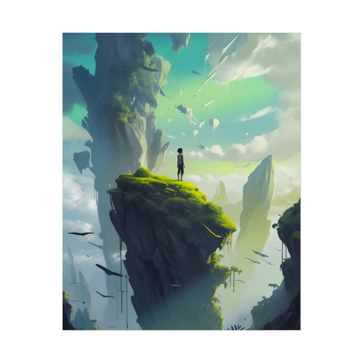 Peaceful Outdoor Moment: Kids in Meadow on Cloudy Hill - Poster