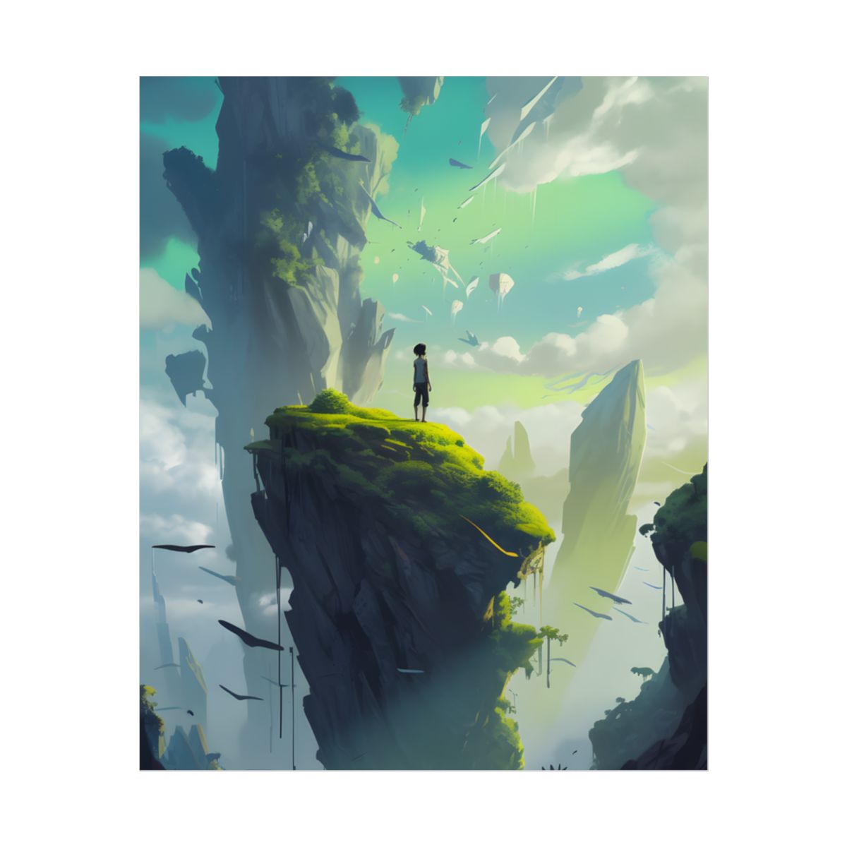 Peaceful Outdoor Moment: Kids in Meadow on Cloudy Hill - Poster