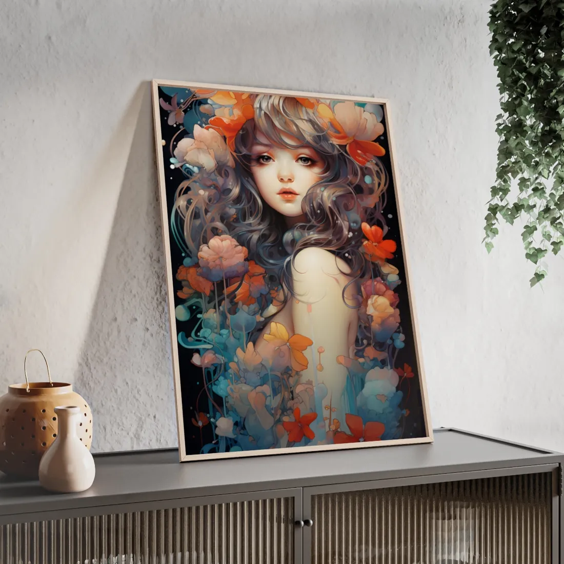 Peaceful River Garden: A Tranquil Landscape with Roses - Framed Poster