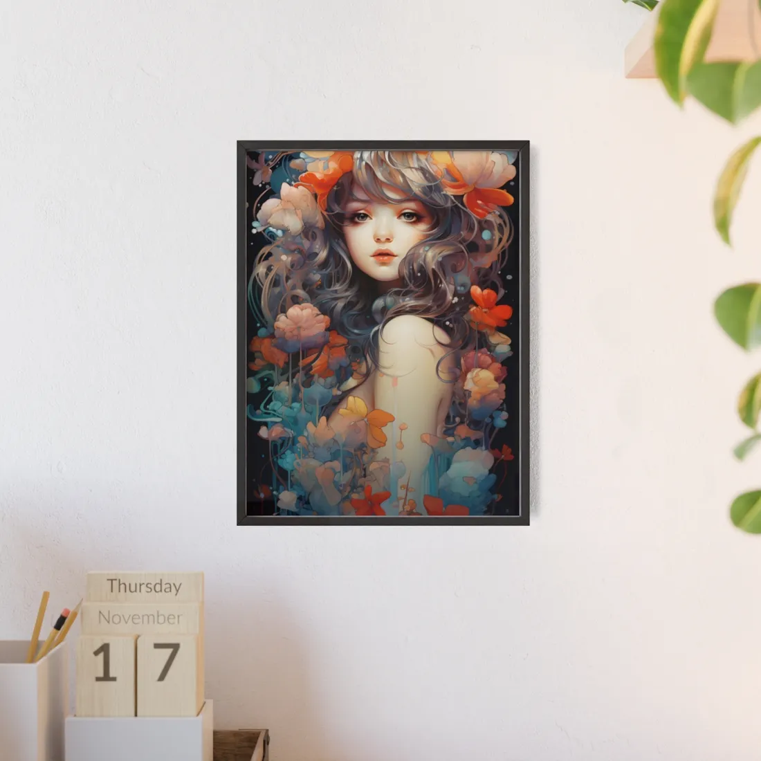 Peaceful River Garden: A Tranquil Landscape with Roses - Framed Poster