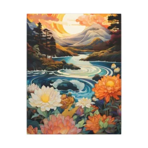 Sunset River Landscape with Flowers Canvas Print