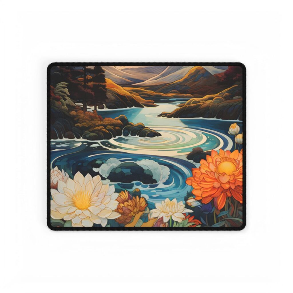 Peaceful River Landscape: Flowers Blooming - Desk Mat
