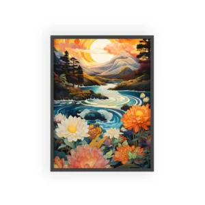 Sunset River Landscape with Flowers Framed Poster