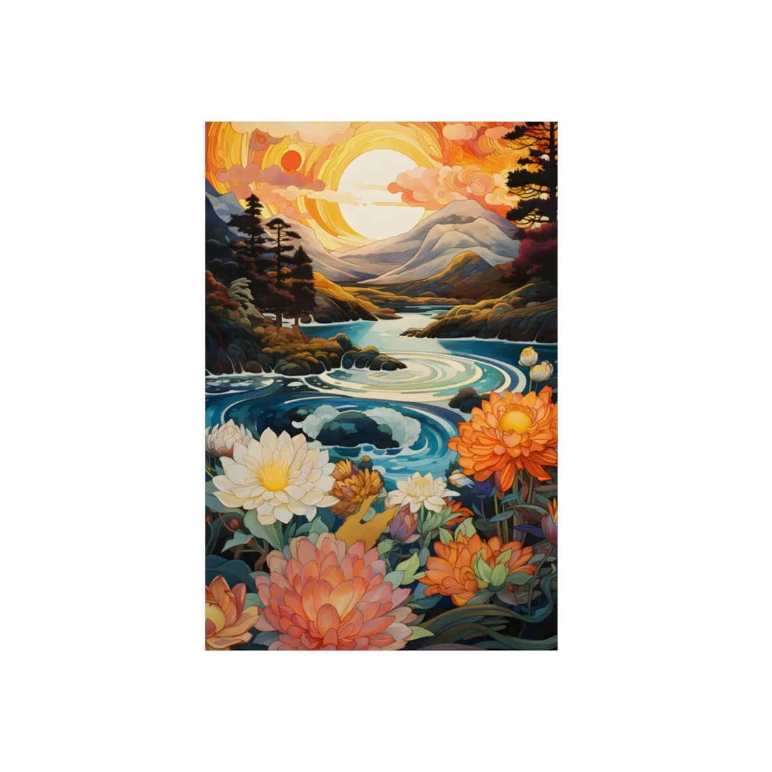 Peaceful River Landscape: Flowers Blooming - Metal Poster