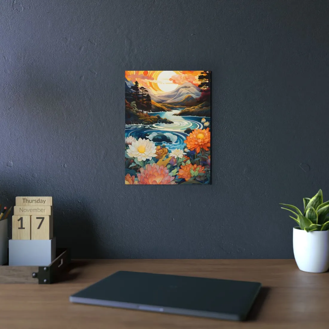 Peaceful River Landscape: Flowers Blooming - Metal Poster