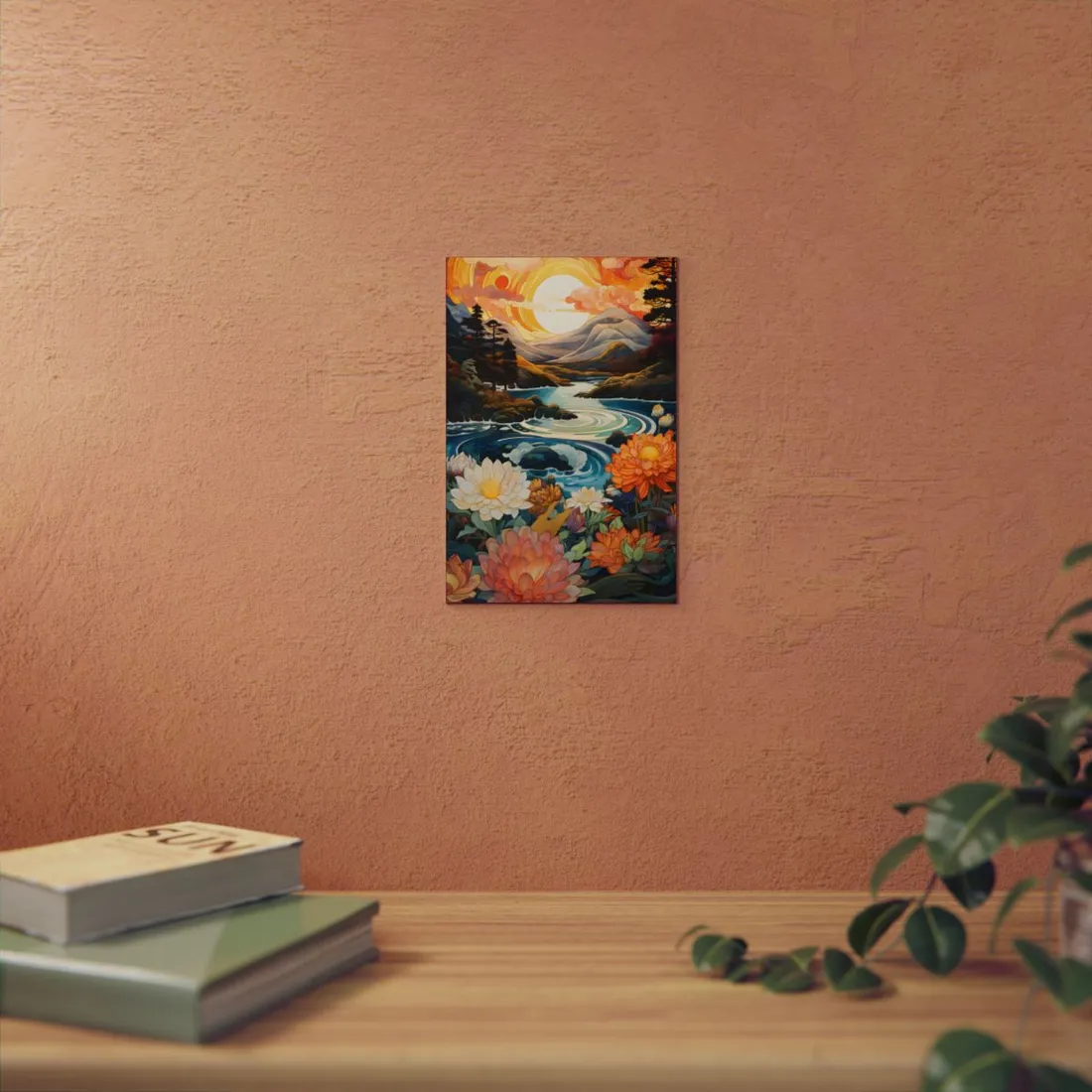 Peaceful River Landscape: Flowers Blooming - Metal Poster