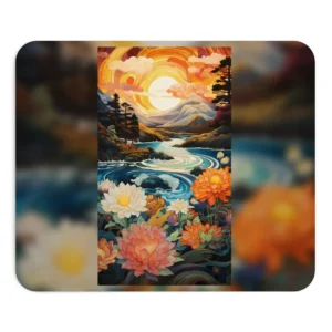 Sunset River Landscape with Flowers Mouse Pad