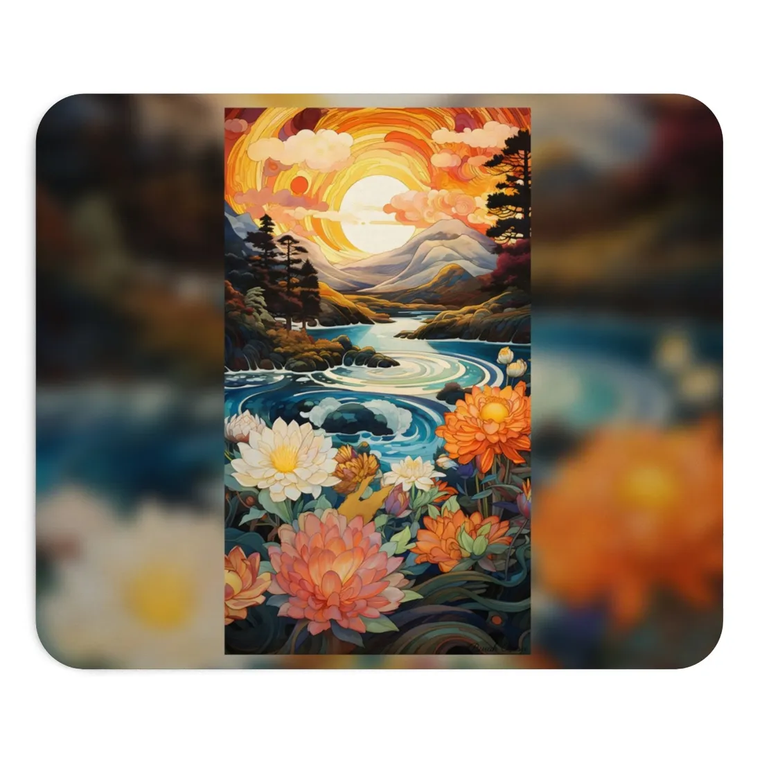 Peaceful River Landscape: Flowers Blooming - Mouse Pad