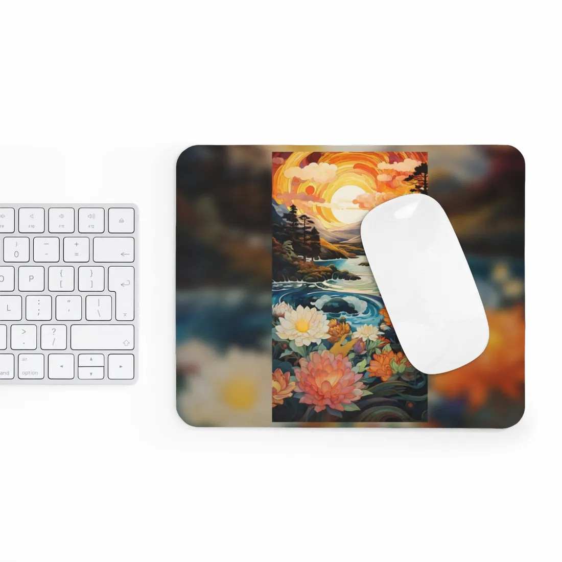 Peaceful River Landscape: Flowers Blooming - Mouse Pad