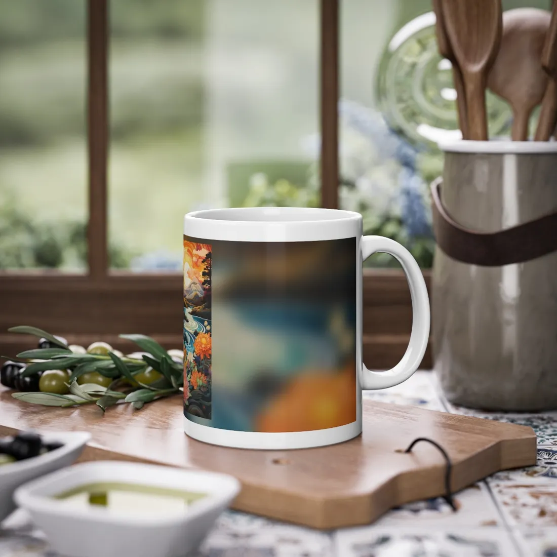 Peaceful River Landscape: Flowers Blooming - Mug