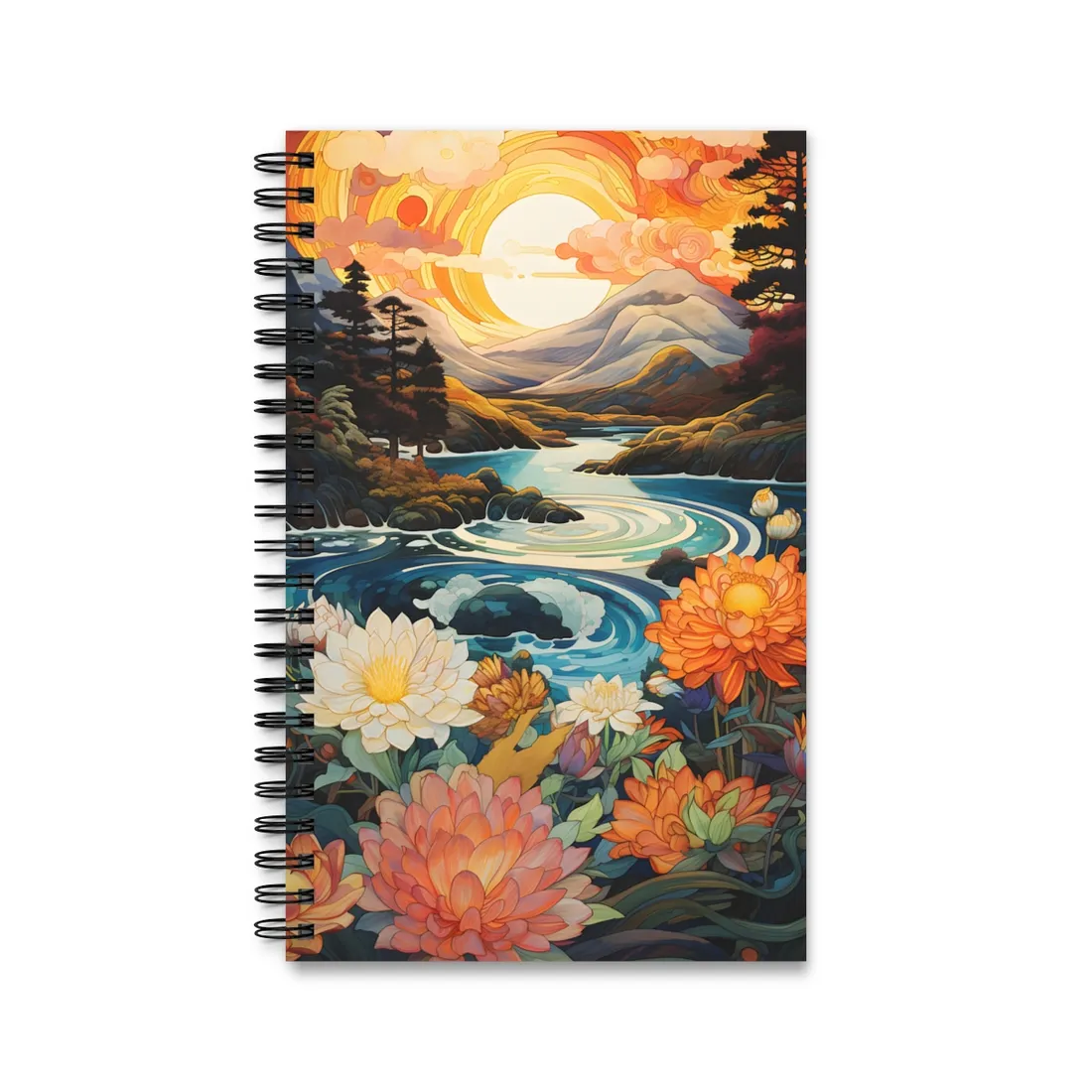 Peaceful River Landscape: Flowers Blooming - Spiral Notebook