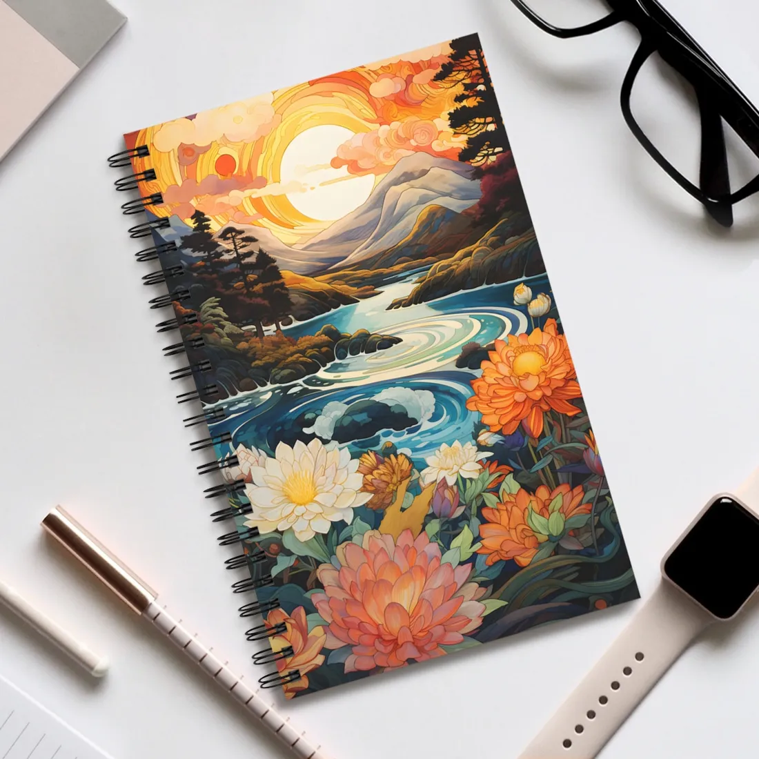 Peaceful River Landscape: Flowers Blooming - Spiral Notebook