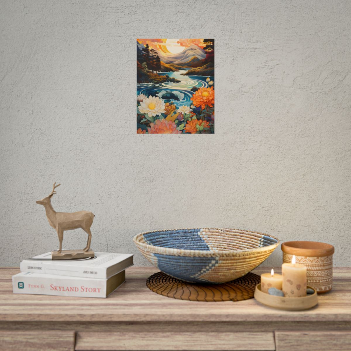 Peaceful River Landscape: Flowers Blooming - Poster
