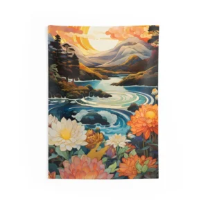 Sunset River Landscape with Flowers Wall Tapestry