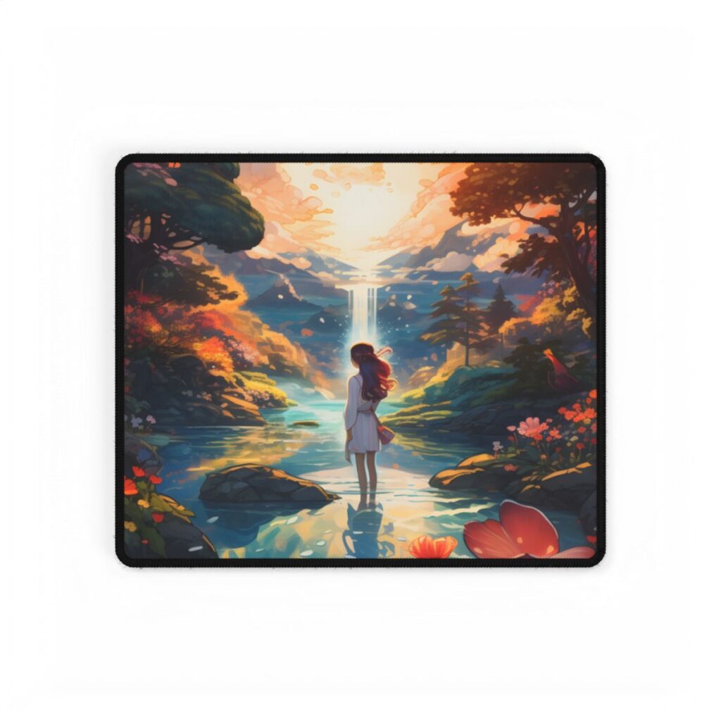 Peaceful River Landscape with Roses: Vibrant Floral Art - Desk Mat