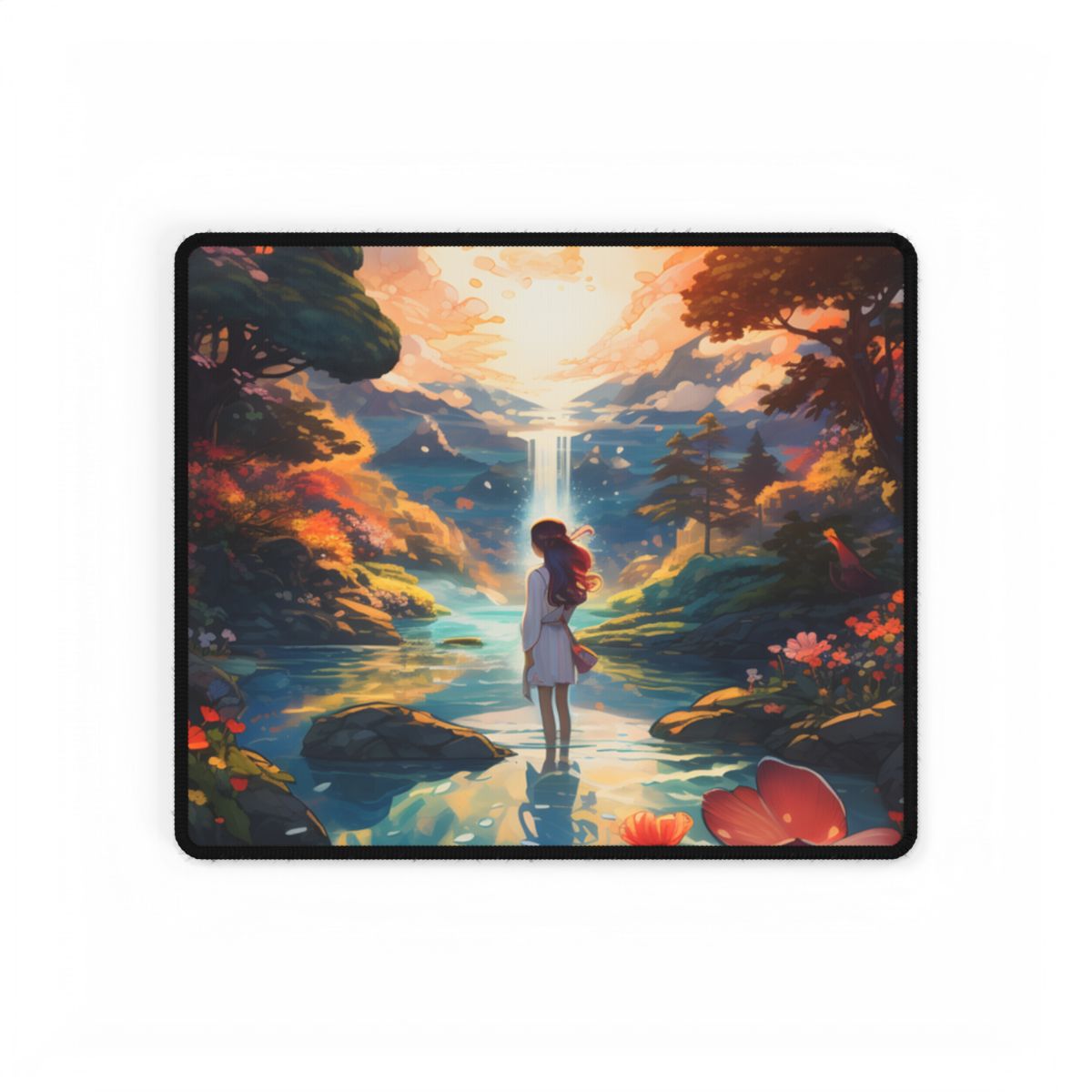 Peaceful River Landscape with Roses: Vibrant Floral Art - Desk Mat
