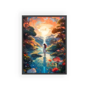 Woman by Lake at Sunset Framed Poster