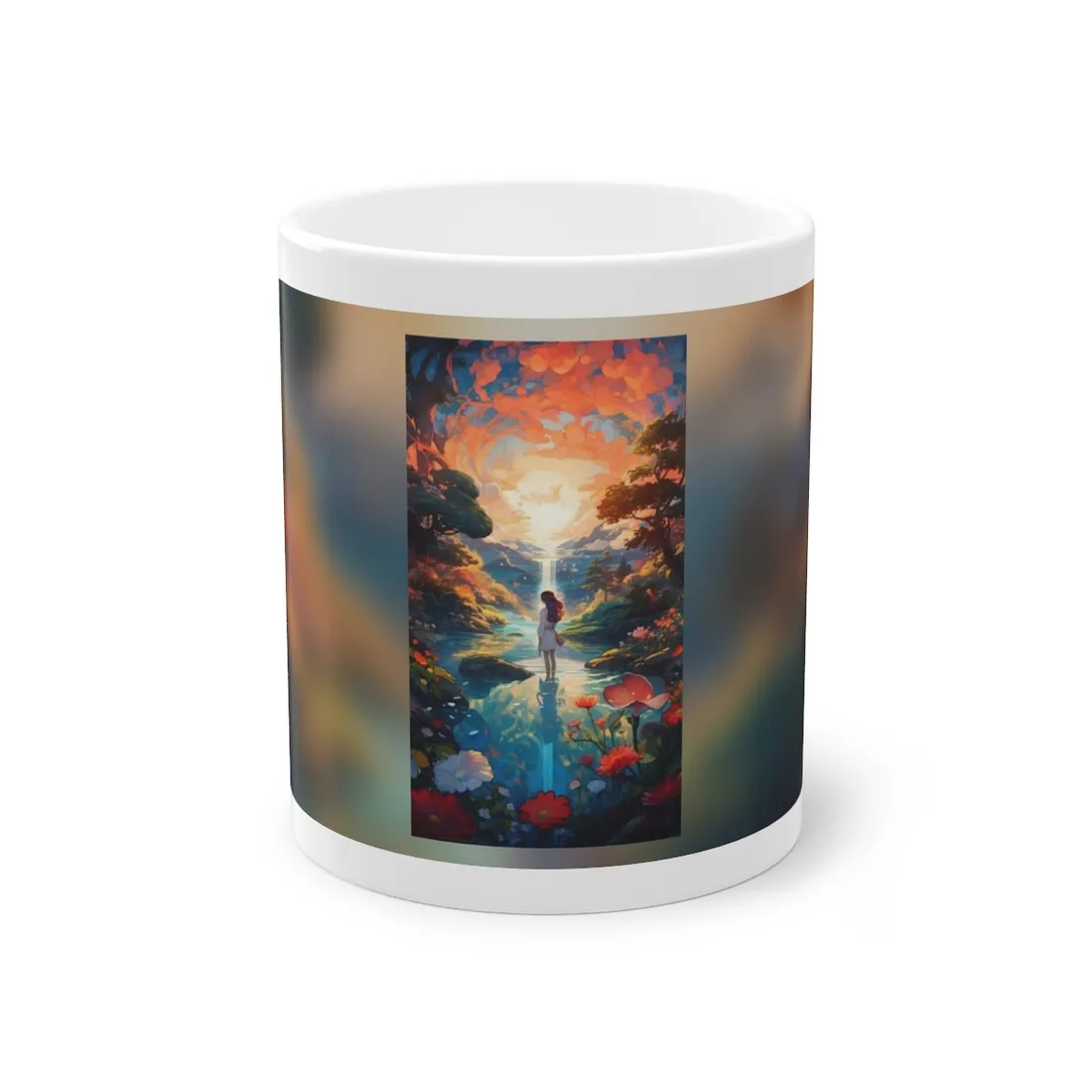 Peaceful River Landscape with Roses: Vibrant Floral Art - Mug