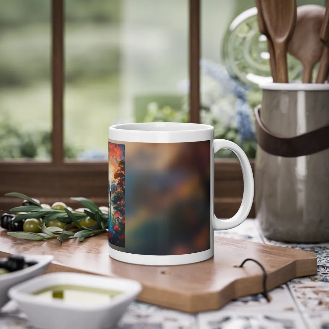 Peaceful River Landscape with Roses: Vibrant Floral Art - Mug