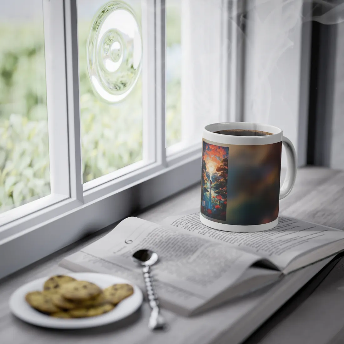 Peaceful River Landscape with Roses: Vibrant Floral Art - Mug