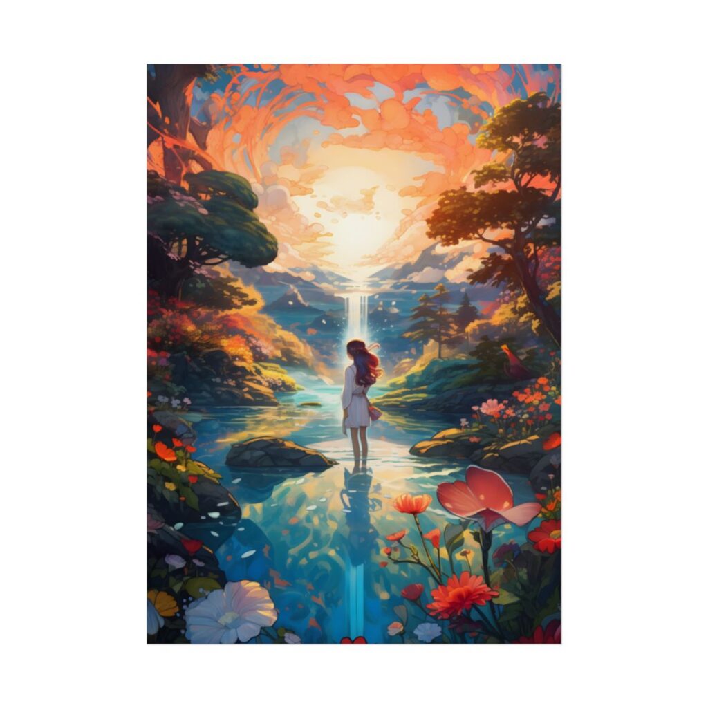 Peaceful River Landscape with Roses: Vibrant Floral Art - Poster