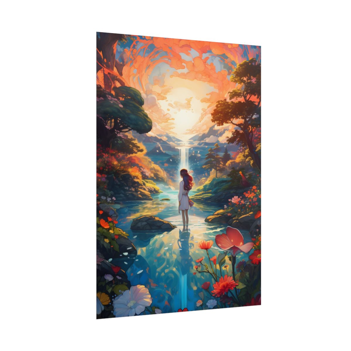 Peaceful River Landscape with Roses: Vibrant Floral Art - Poster