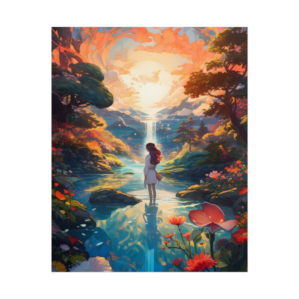 Peaceful River Landscape with Roses: Vibrant Floral Art - Poster