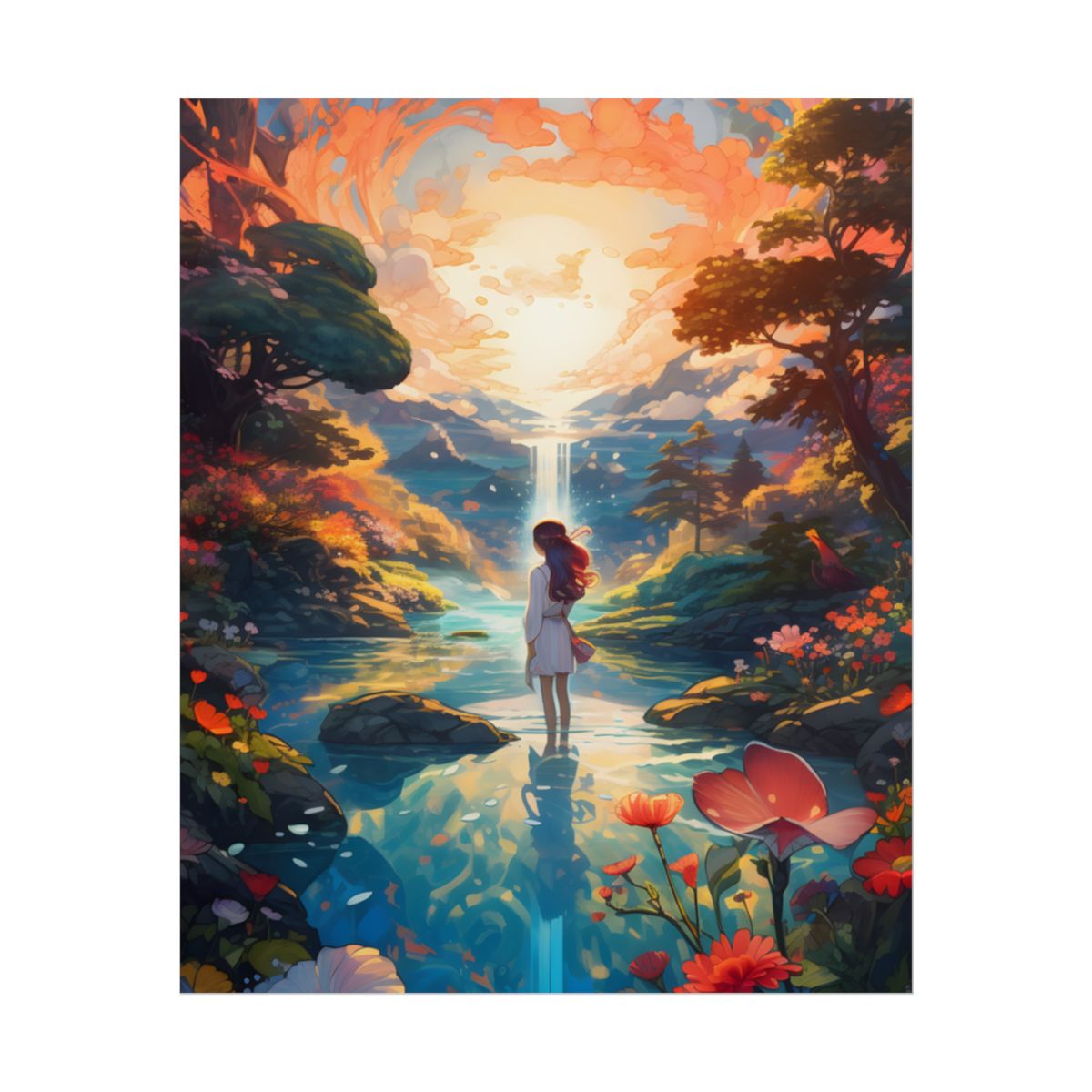 Peaceful River Landscape with Roses: Vibrant Floral Art - Poster