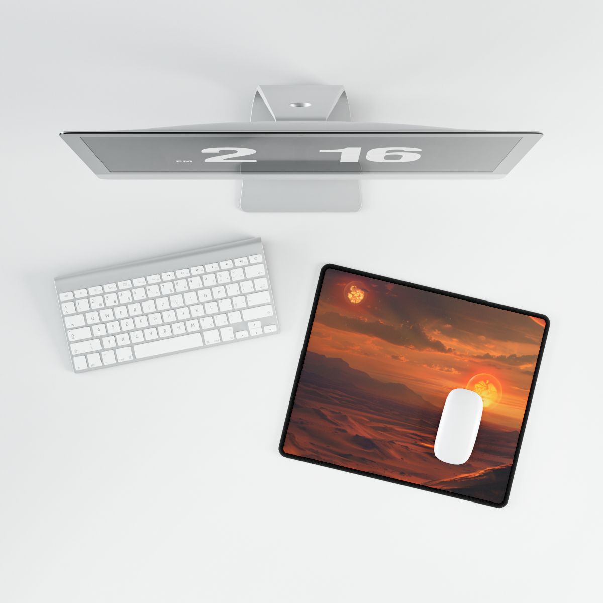 Desert Binary Sunset: Barren Rocky Landscape – Desk Mat, lifestyle mockup