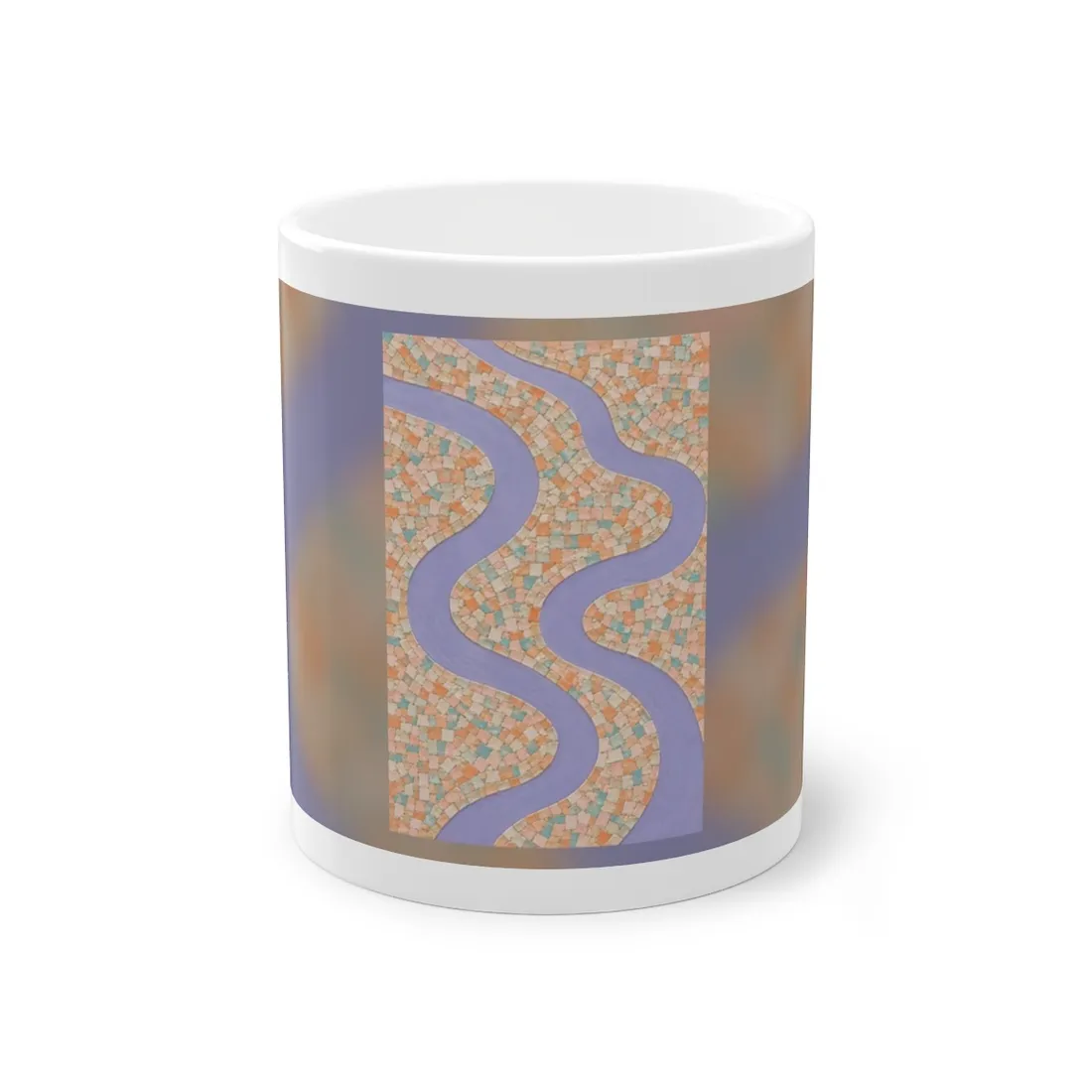 Wavy lavender river winding through a mosaic of peach, orange, cream and teal tiles in portrait orientation – Mug, view 1