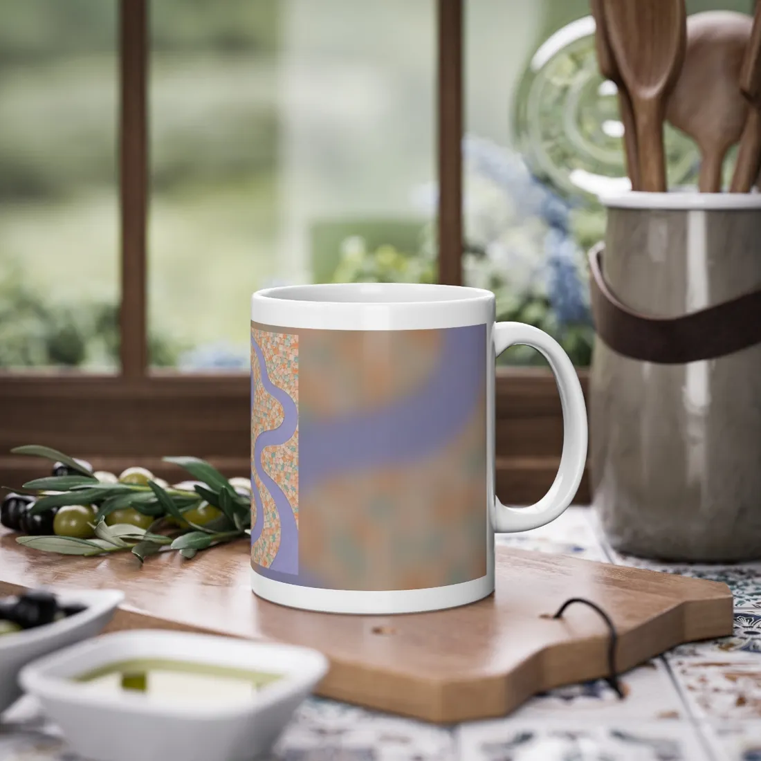 Wavy lavender river winding through a mosaic of peach, orange, cream and teal tiles in portrait orientation – Mug, view 2