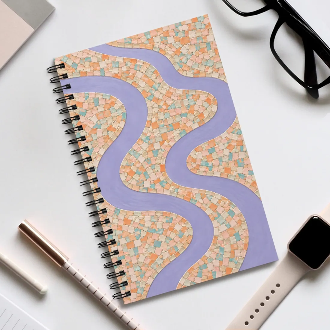 Wavy lavender river winding through a mosaic of peach, orange, cream and teal tiles in portrait ori – Spiral Notebook, view 2