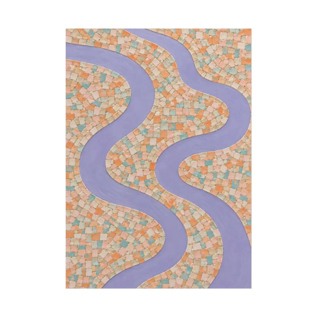 Wavy lavender river winding through a mosaic of peach, orange, cream and teal tiles in portrait orientation – Poster, view 1