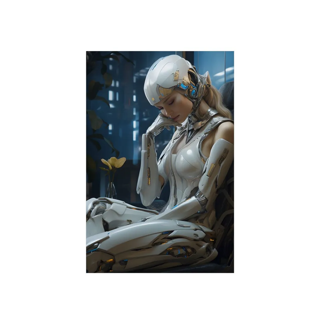 Pensive Android: Silver Robot Portrait with Flower - Metal Poster