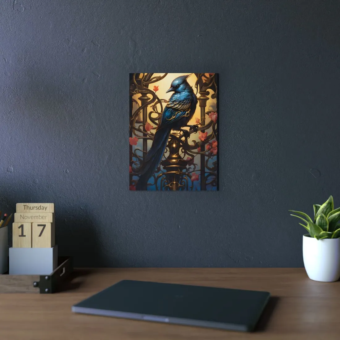 Perched Raven: Dark Ornate Bird Portrait - Metal Poster