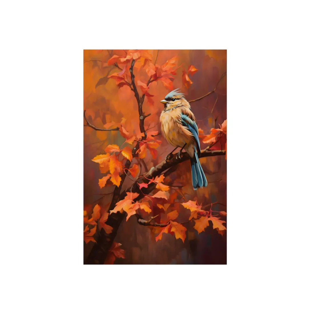 Perched Songbird Among Golden Autumn Leaves: Oil Painting - Metal Poster