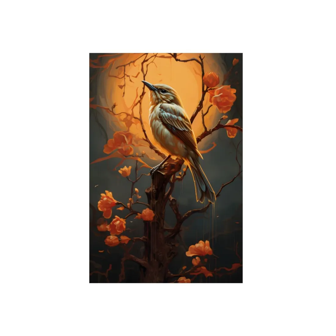 Perched Songbird: Blossom Branch Nature Art - Metal Poster