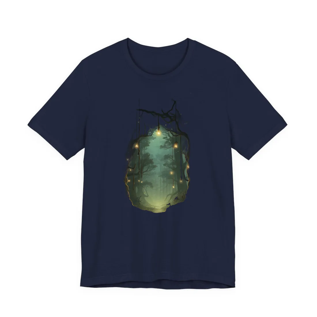 Glowing Green Forest Path: Magical Night Scene – T-Shirt, navy