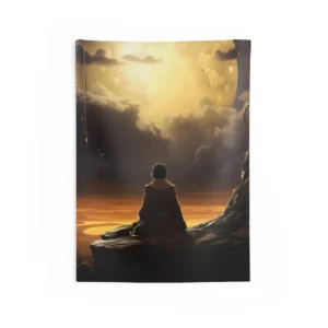 Robed Figure Facing Golden Moon Wall Tapestry