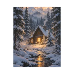 Snowy Log Cabin in Forest Canvas Print