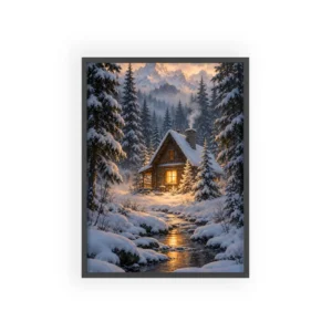 Snowy Log Cabin in Forest Framed Poster
