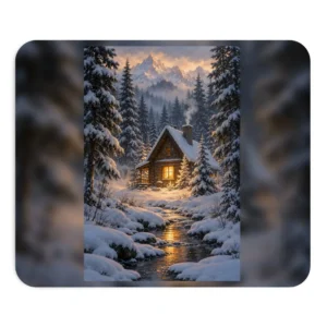 Snowy Log Cabin in Forest Mouse Pad
