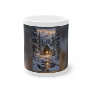 Snowy Log Cabin in Forest Mug