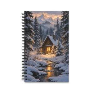 Snowy Log Cabin in Forest Spiral Notebook