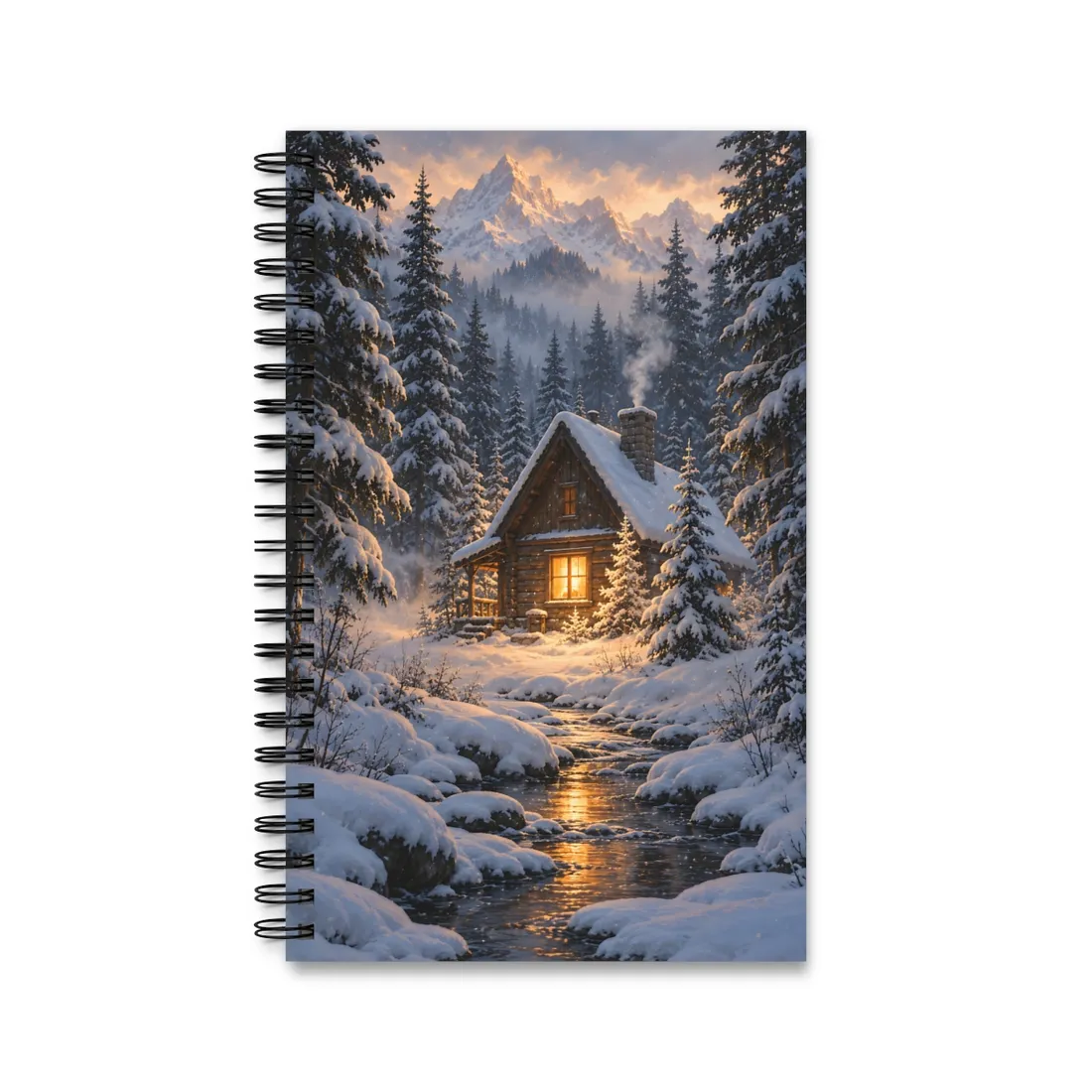Log cabin with glowing window beside a snowy stream, framed by pine forest – Spiral Notebook, view 1