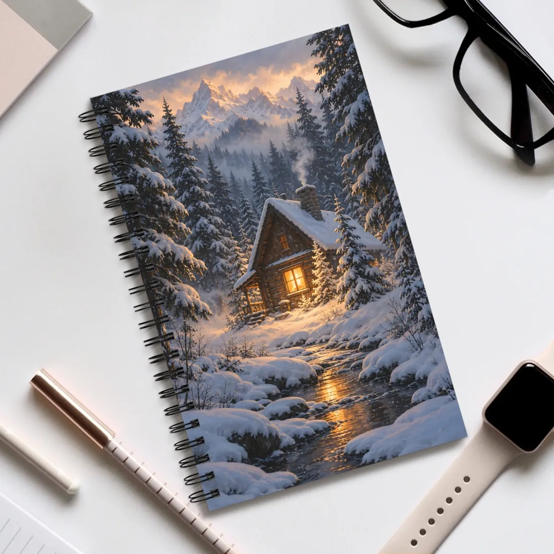 Log cabin with glowing window beside a snowy stream, framed by pine forest – Spiral Notebook, view 2