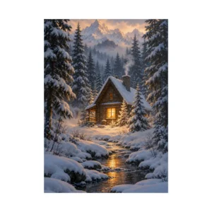 Snowy Log Cabin in Forest Poster